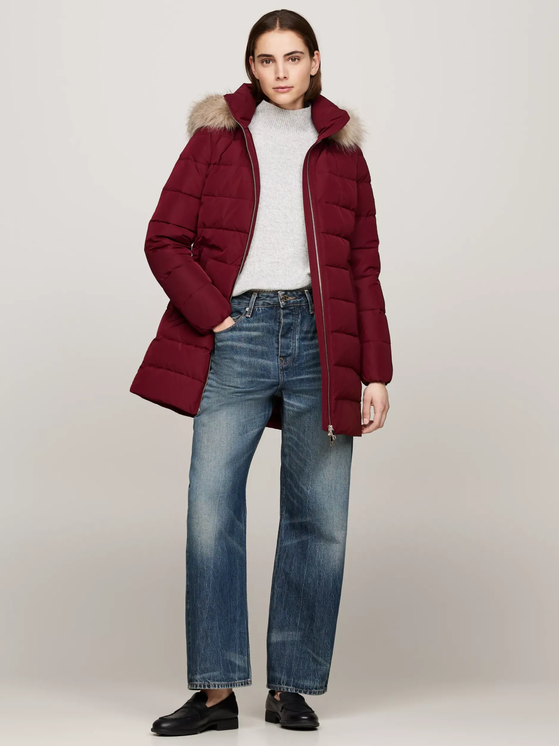 Kurtki & Płaszcze*Tommy Hilfiger Puchowy Płaszcz Z Kapturem Z Futerkiem DEEP ROUGE