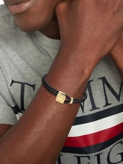 Biżuteria & Spinki Do Mankietów*Tommy Hilfiger Skórzana Bransoletka Z Platerowanym Detalem BLACK