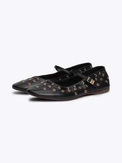 Baleriny|Płaskie Buty*Tommy Hilfiger Skórzane Baleriny Mary Jane Z Dziurkami BLACK