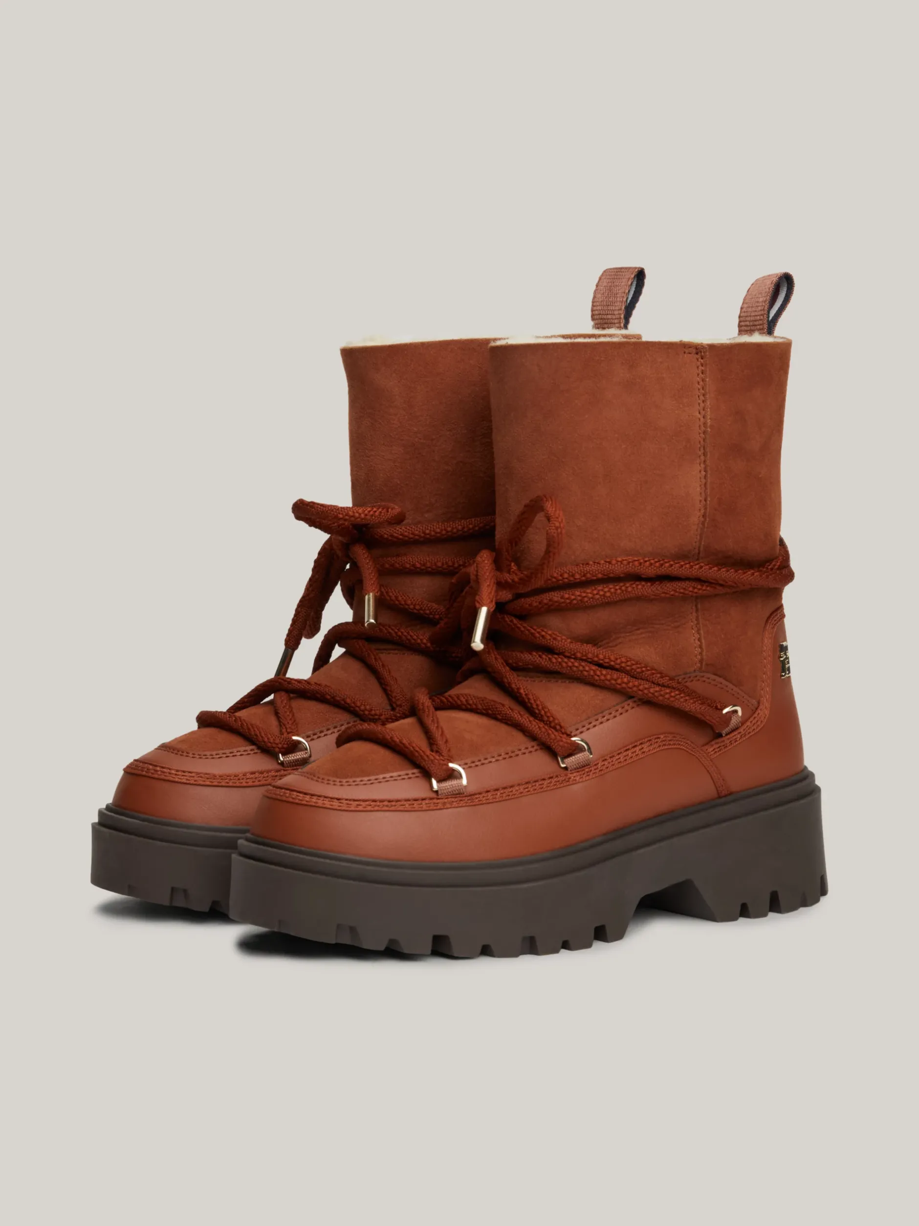 Botki*Tommy Hilfiger Skórzane Sznurowane śniegowce COGNAC BROWN