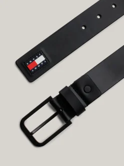 Paski*Tommy Hilfiger Skórzany Pasek Z Etykietą Powlekaną Gumą BLACK