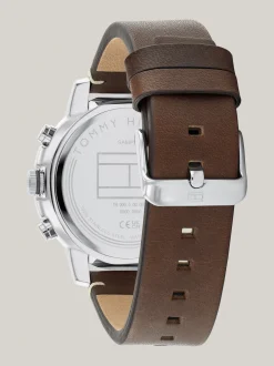 Zegarki*Tommy Hilfiger Sportowy Zegarek Z Brązowym Paskiem Ze Skóry SILVER