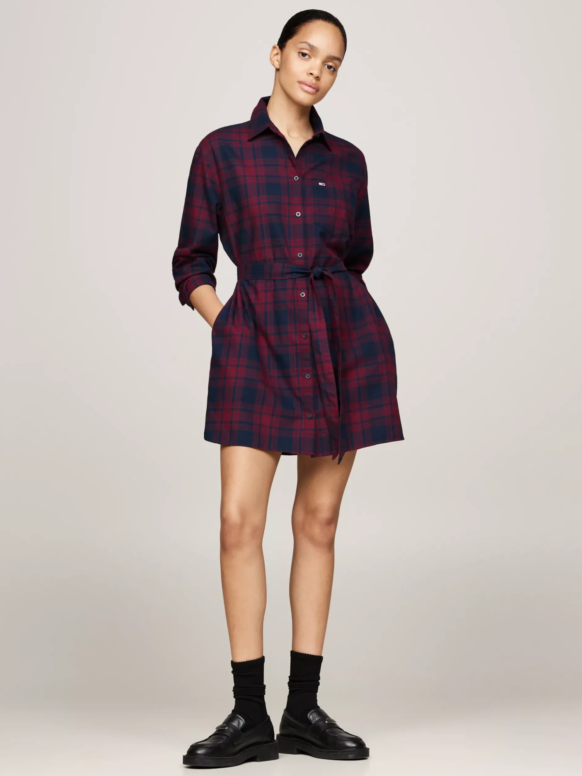 Sukienki*Tommy Hilfiger Sukienka Koszulowa O Luźnym Kroju Z Paskiem ROUGE WINTER CHECK