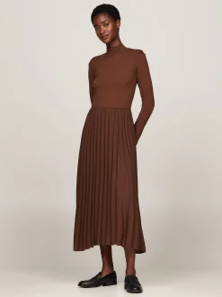 Sukienki*Tommy Hilfiger Sukienka Midi Z Półgolfem I Plisowanym Dołem LEGACY BROWN