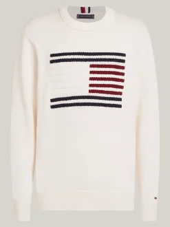 Swetry Z Okrągłym Dekoltem|Swetry*Tommy Hilfiger Sweter O Luźnym Kroju Z Warkoczową Flagą ANCIENT WHITE