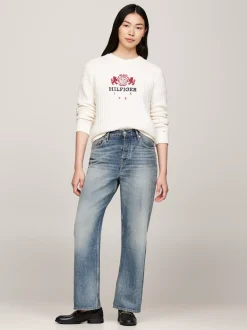 Swetry Z Okrągłym Dekoltem|Swetry*Tommy Hilfiger Sweter O Waflowym Splocie IVORY PETAL