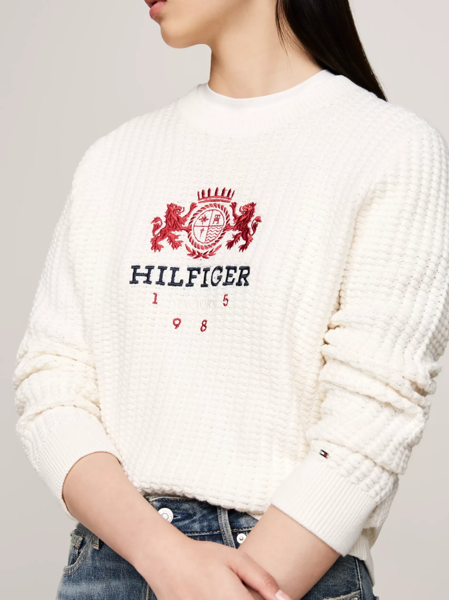 Swetry Z Okrągłym Dekoltem|Swetry*Tommy Hilfiger Sweter O Waflowym Splocie IVORY PETAL