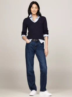 Swetry|Dzianina*Tommy Hilfiger Sweter O Warkoczowym Splocie Z Dekoltem W Szpic DESERT SKY