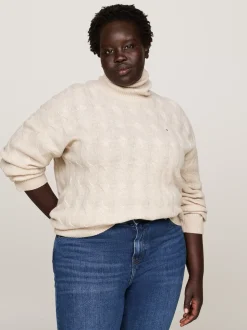 Swetry Z Golfem|Swetry*Tommy Hilfiger Sweter O Warkoczowym Splocie Z Golfem Curve CLASSIC BEIGE HEATHER