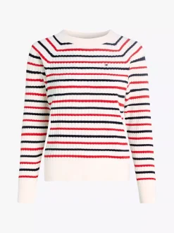 Swetry Z Okrągłym Dekoltem|Swetry*Tommy Hilfiger Sweter O Warkoczowym Splocie Curve RWB STRIPE