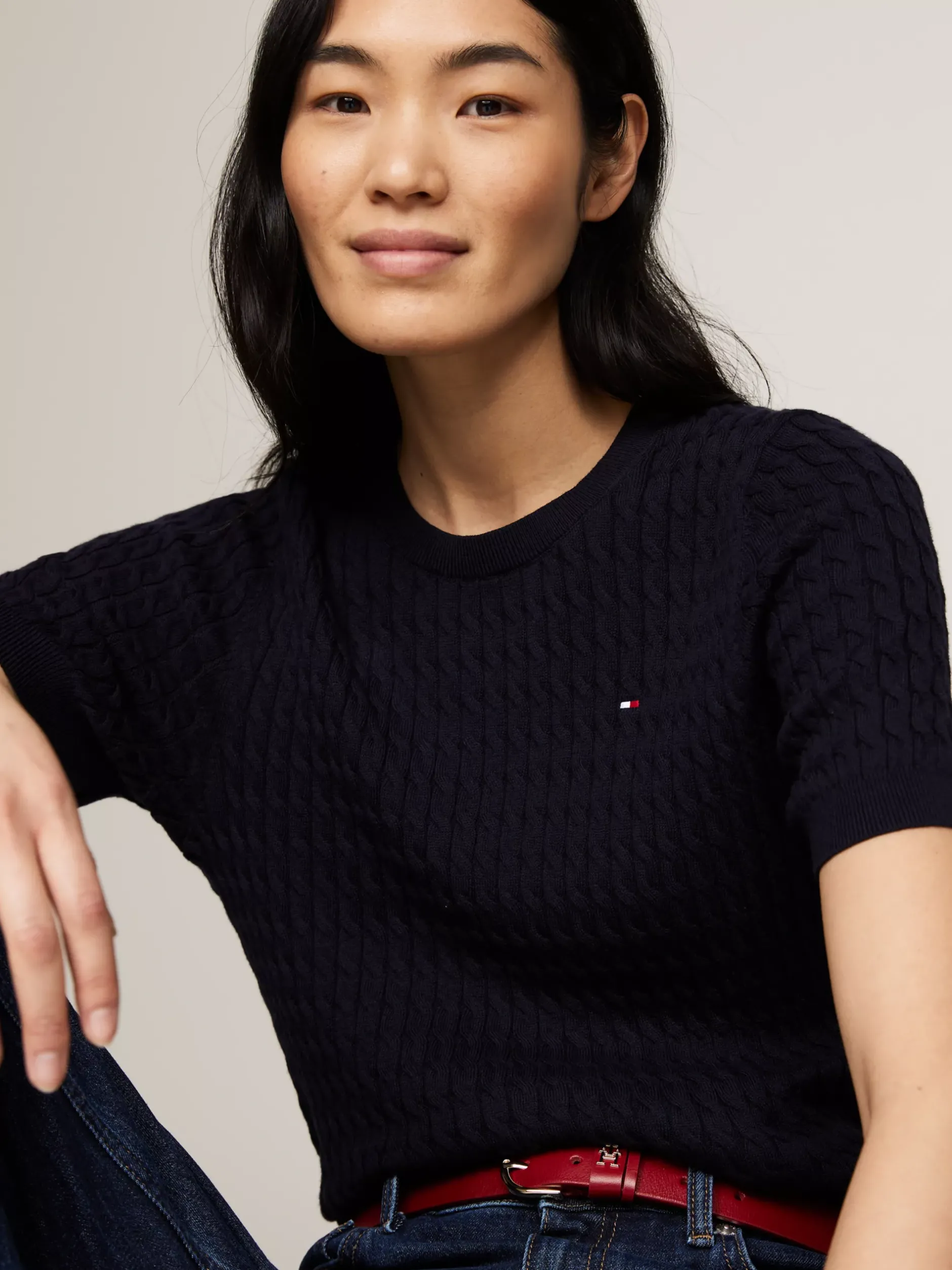 Swetry Z Okrągłym Dekoltem|Swetry*Tommy Hilfiger Sweter O Wąskim Kroju Z Krótkim Rękawem DESERT SKY
