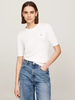 Swetry Z Okrągłym Dekoltem|Swetry*Tommy Hilfiger Sweter O Wąskim Kroju Z Krótkim Rękawem ECRU