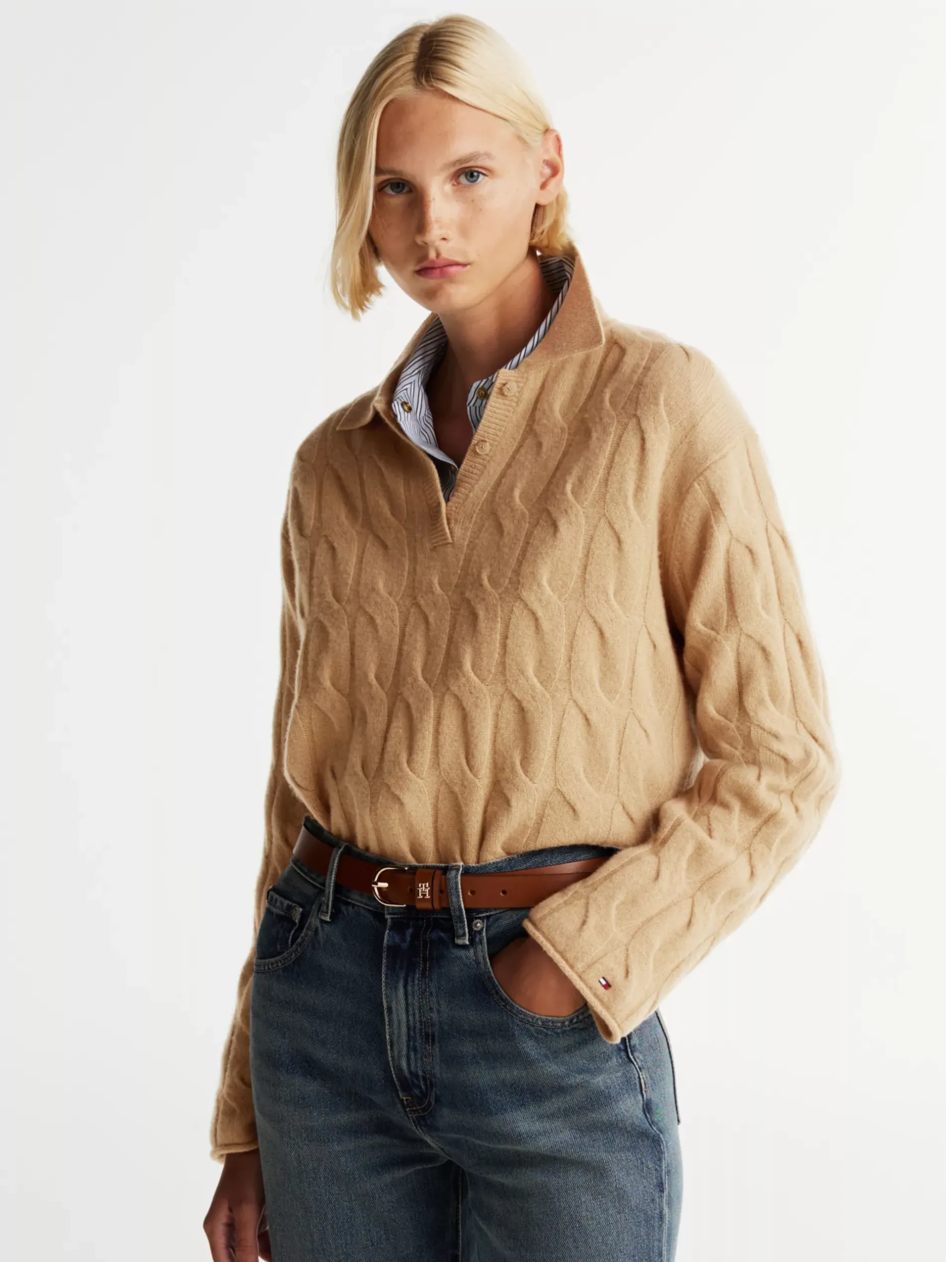 Swetry|Dzianina*Tommy Hilfiger Sweter Polo Ze Splotem Warkoczowym CLASSIC KHAKI