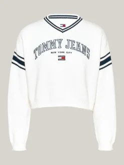 Swetry|Dzianina*Tommy Hilfiger Sweter W Stylu Varsity Z Dekoltem W Szpic ANCIENT WHITE