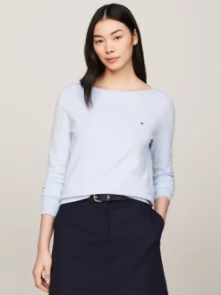 Swetry Z Okrągłym Dekoltem|Swetry*Tommy Hilfiger Sweter Z Dekoltem W łódkę I Flagą BREEZY BLUE