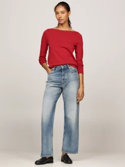Swetry Z Okrągłym Dekoltem|Swetry*Tommy Hilfiger Sweter Z Dekoltem W łódkę I Flagą DARK MAGMA