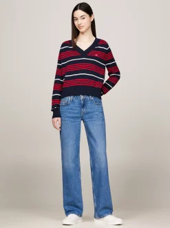 Swetry|Dzianina*Tommy Hilfiger Sweter Z Dekoltem W Szpic I Wzorem W Paski DARK NIGHT NAVY / STRIPE