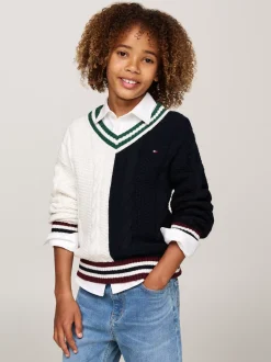 Dzianina*Tommy Hilfiger Sweter Z Dekoltem W Szpic I Splotem Warkoczowym BLUE/WHITE