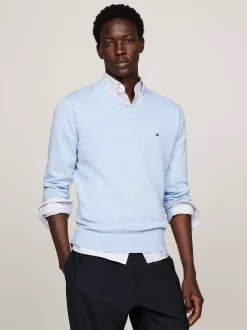 Swetry Z Okrągłym Dekoltem|Swetry*Tommy Hilfiger Sweter Z Dekoltem W Szpic I Flagą AEGEAN SEA HEATHER