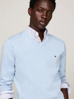 Swetry Z Okrągłym Dekoltem|Swetry*Tommy Hilfiger Sweter Z Dekoltem W Szpic I Flagą AEGEAN SEA HEATHER