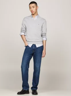 Swetry Z Okrągłym Dekoltem|Dzianina*Tommy Hilfiger Sweter Z Dekoltem W Szpic I Flagą LIGHT GREY HEATHER