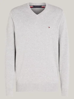 Swetry Z Okrągłym Dekoltem|Dzianina*Tommy Hilfiger Sweter Z Dekoltem W Szpic I Flagą LIGHT GREY HEATHER