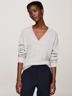 Swetry|Dzianina*Tommy Hilfiger Sweter Z Dekoltem W Szpic Z Kaszmirem LIGHT GREY HTR