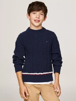 Dzianina*Tommy Hilfiger Sweter Z Dzianiny Szenilowej Z Sygnowanym Paskiem DESERT SKY