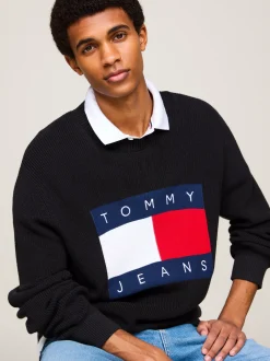 Swetry Z Okrągłym Dekoltem|Swetry*Tommy Hilfiger Sweter Z Naszywką Z Mozaikową Flagą BLACK