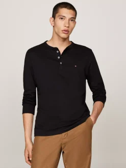 T-Shirty*Tommy Hilfiger Teksturowany Longsleeve Z Dekoltem Henley BLACK