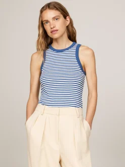 T-Shirty*Tommy Hilfiger Top Bez Rękawów W Paski O Prążkowanej Fakturze FIVE MM STP/ ECRU/ FOSSIL BLUE
