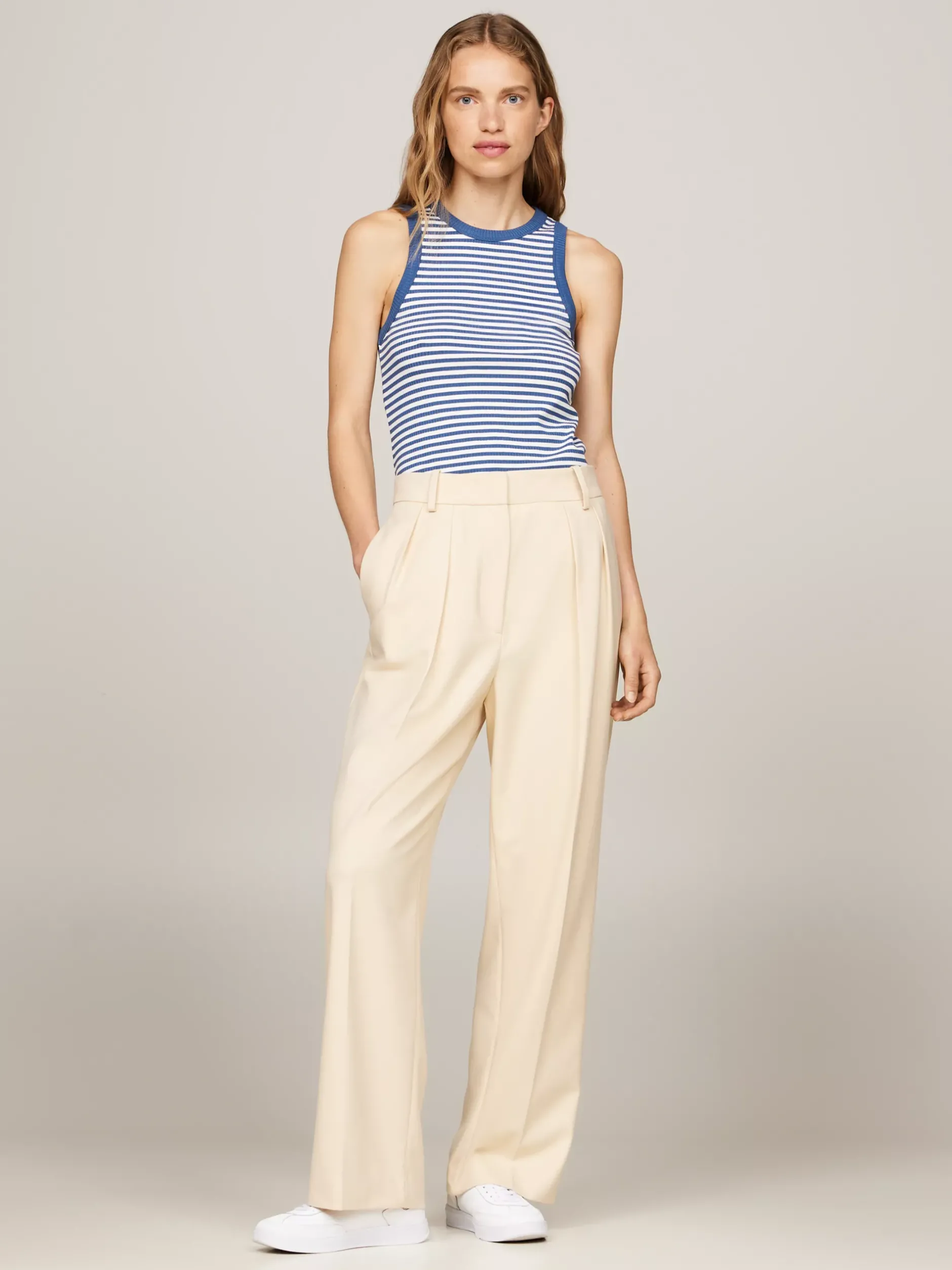 T-Shirty*Tommy Hilfiger Top Bez Rękawów W Paski O Prążkowanej Fakturze FIVE MM STP/ ECRU/ FOSSIL BLUE