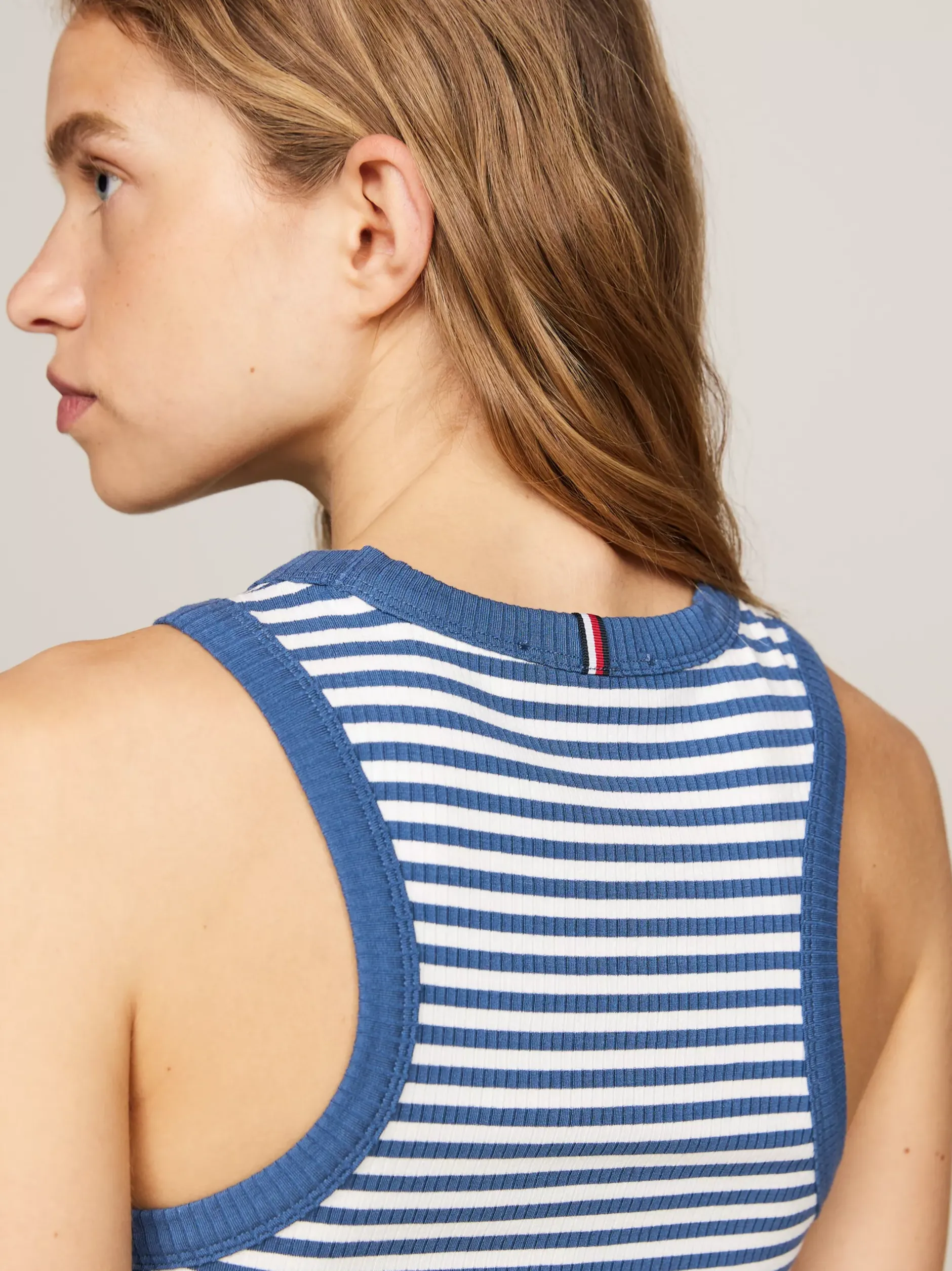 T-Shirty*Tommy Hilfiger Top Bez Rękawów W Paski O Prążkowanej Fakturze FIVE MM STP/ ECRU/ FOSSIL BLUE