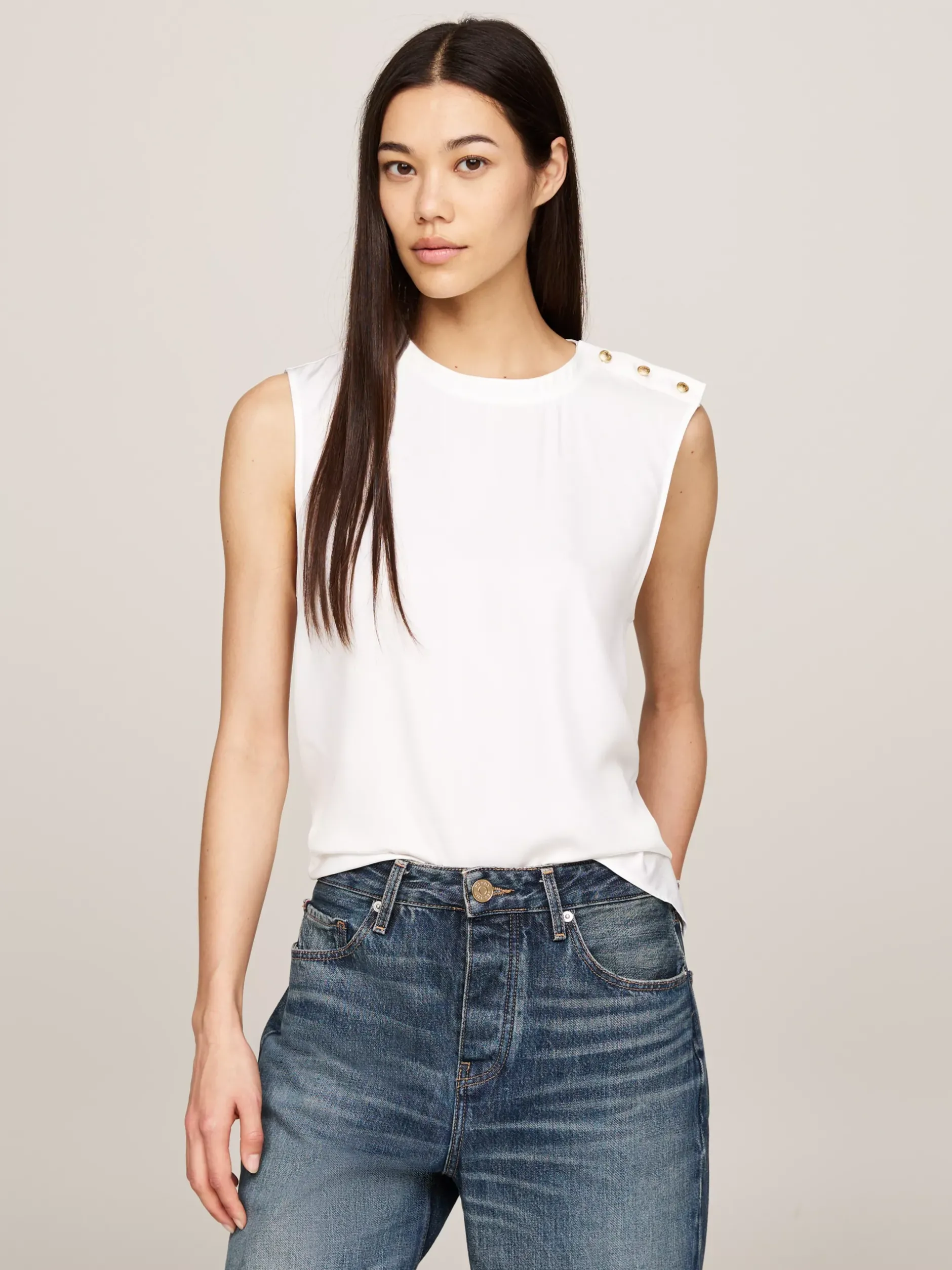 T-Shirty*Tommy Hilfiger Top Bez Rękawów Z Wytłaczanymi Guzikami ECRU