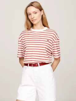 T-Shirty*Tommy Hilfiger T-shirt O Luźnym Kroju W Paski REG STP ANCIENT WHITE/ TERRA RED