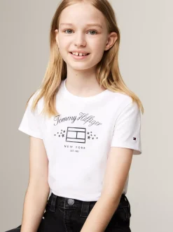 Topy I T-Shirty*Tommy Hilfiger T-shirt O Wąskim Kroju Z Nadrukiem Z Logo WHITE