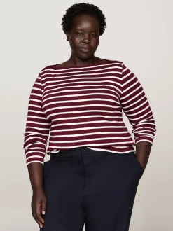 T-Shirty*Tommy Hilfiger T-shirt Z Dekoltem W łódkę Curve BRETON STP DEEP ROUGE/ ECRU