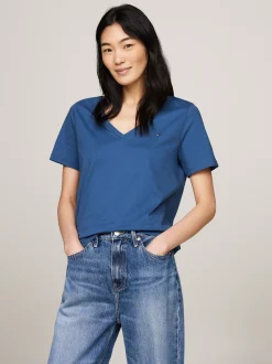 T-Shirty*Tommy Hilfiger T-shirt Z Dekoltem W Szpic Z Flagą FOSSIL BLUE