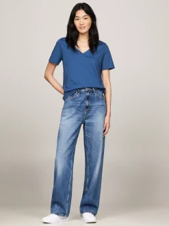 T-Shirty*Tommy Hilfiger T-shirt Z Dekoltem W Szpic Z Flagą FOSSIL BLUE