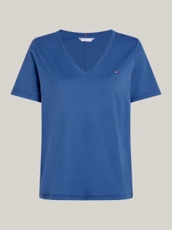 T-Shirty*Tommy Hilfiger T-shirt Z Dekoltem W Szpic Z Flagą FOSSIL BLUE