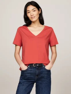 T-Shirty*Tommy Hilfiger T-shirt Z Dekoltem W Szpic Z Flagą TERRA RED