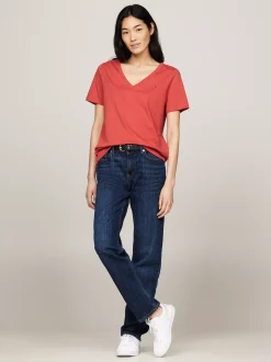 T-Shirty*Tommy Hilfiger T-shirt Z Dekoltem W Szpic Z Flagą TERRA RED
