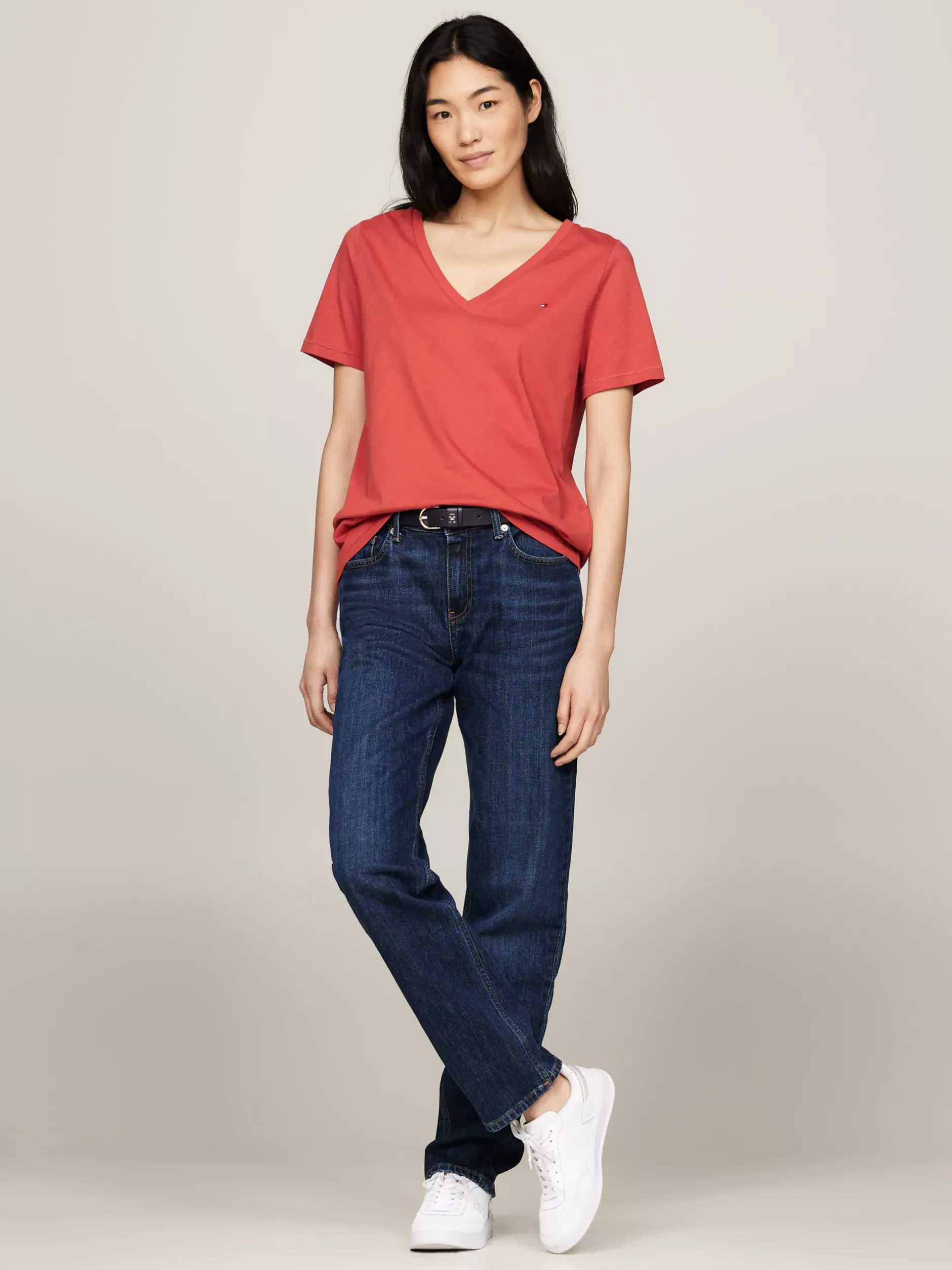 T-Shirty*Tommy Hilfiger T-shirt Z Dekoltem W Szpic Z Flagą TERRA RED