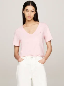 T-Shirty*Tommy Hilfiger T-shirt Z Dekoltem W Szpic I Haftem Z Flagą DELICATE PINK