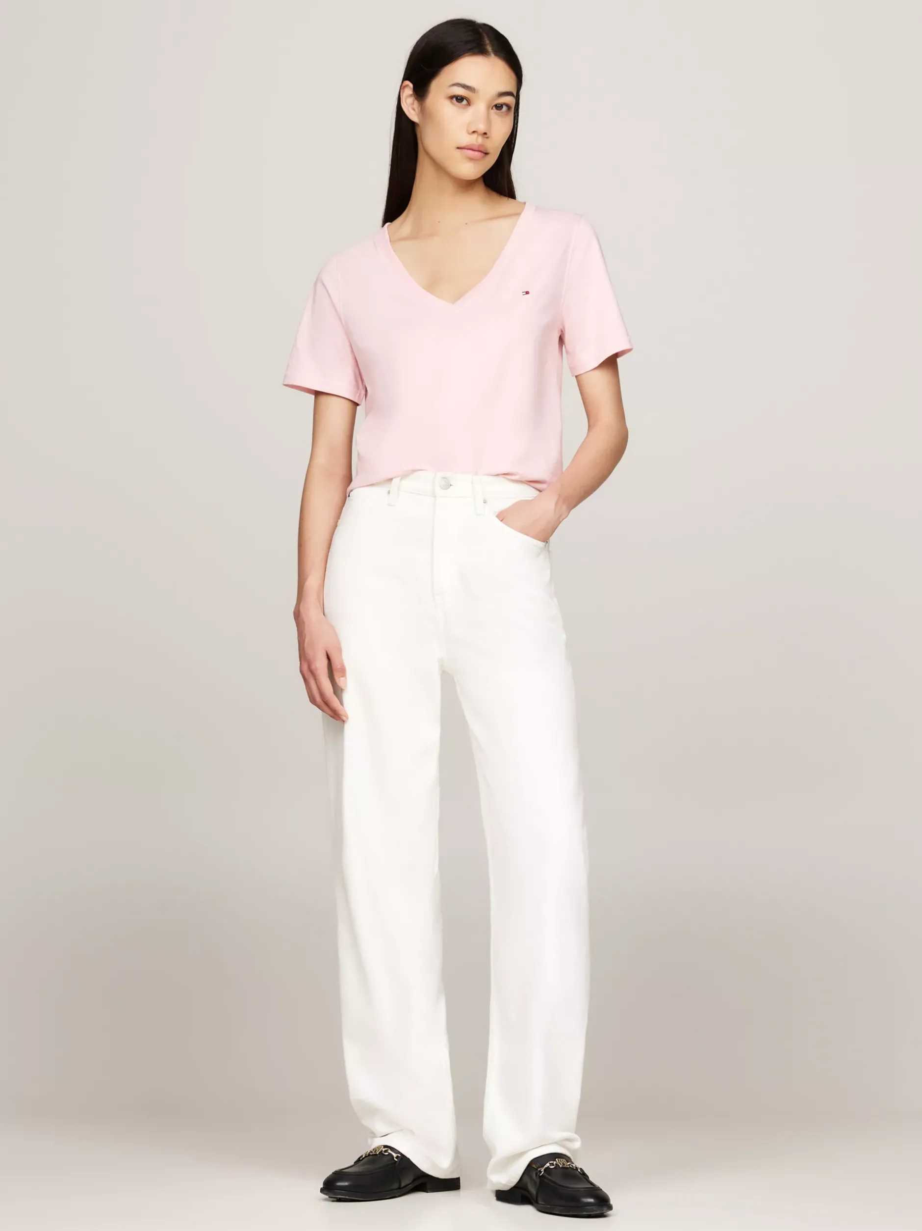 T-Shirty*Tommy Hilfiger T-shirt Z Dekoltem W Szpic I Haftem Z Flagą DELICATE PINK