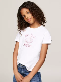 Topy I T-Shirty*Tommy Hilfiger T-shirt Z Okrągłym Dekoltem I Foliowym Logo WHITE