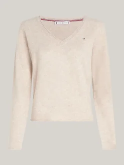 Swetry Z Okrągłym Dekoltem|Swetry*Tommy Hilfiger Wełniany Sweter Z Dekoltem W Szpic CLASSIC BEIGE HEATHER