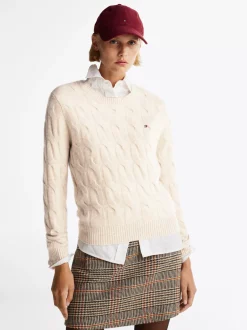 Swetry Z Okrągłym Dekoltem|Swetry*Tommy Hilfiger Wełniany Sweter Z Warkoczowym Splotem CLASSIC BEIGE HEATHER