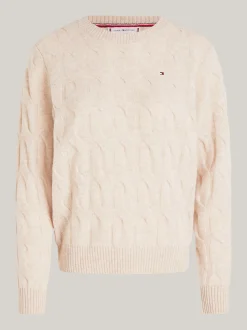 Swetry Z Okrągłym Dekoltem|Swetry*Tommy Hilfiger Wełniany Sweter Z Warkoczowym Splotem CLASSIC BEIGE HEATHER