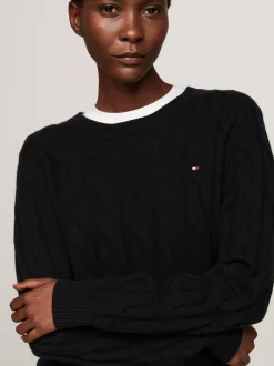 Swetry Z Okrągłym Dekoltem|Swetry*Tommy Hilfiger Wełniany Sweter Z Warkoczowym Splotem BLACK
